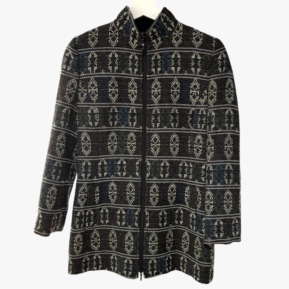 Akris Punto Wool Blend Zip Front Coat Charcoal Ivory‎ Blue Pattern Sz 6 - Picture 2 of 15